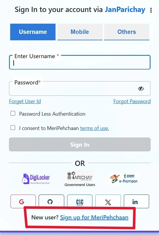 'Sign up for MeriPehchaan' पर क्लिक करें